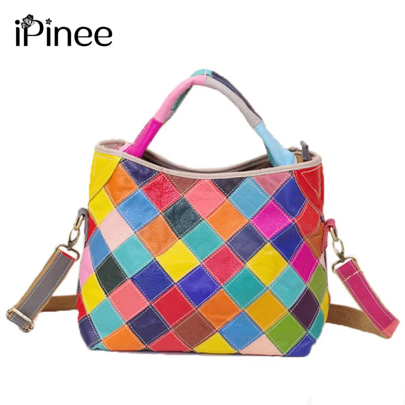 

iPinee Brand Crossbody Genuine Leather Woman Handbag Colourful Lattice Pattern Tote Bag High Quality Bag Ladies Shoulder Bag