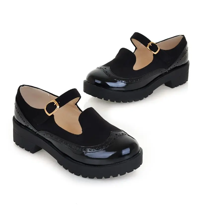 REAVE CAT/Женская обувь в стиле пэчворк с большим носком; сезон весна-лето; обувь из лакированной кожи с пряжкой; Zapatos; милая модная обувь; цвет синий, черный; QL4635 - Цвет: Black