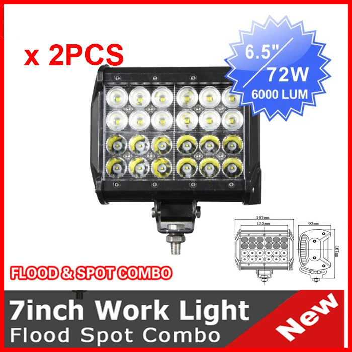 

2PCS 6.5" 72W CRE 24LED*3W Work Light Bar Driving Off-Road SUV ATV 4WD 4x4 Spot(36W) + Flood(36W) Combo Beam 6000LM 9-32V 4 Row