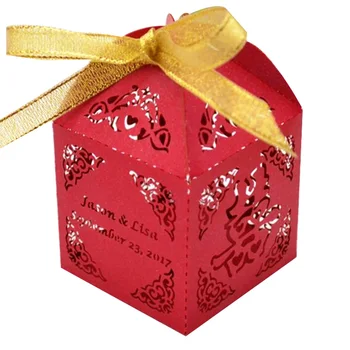 

Double happiness chinese red give away wedding favor box custom door gift box laser cut wedding party favor box