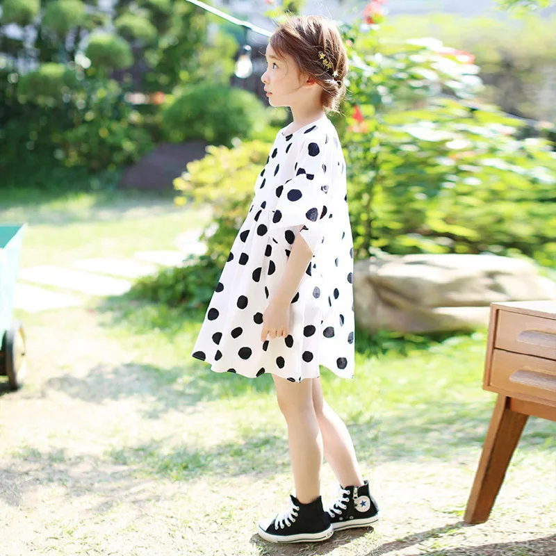 Новое Детское летнее платье для девочек повседневные пляжные Хлопковые Платья принцессы с короткими рукавами в горошек для От 3 до 14 лет школьниц-подростков CA805