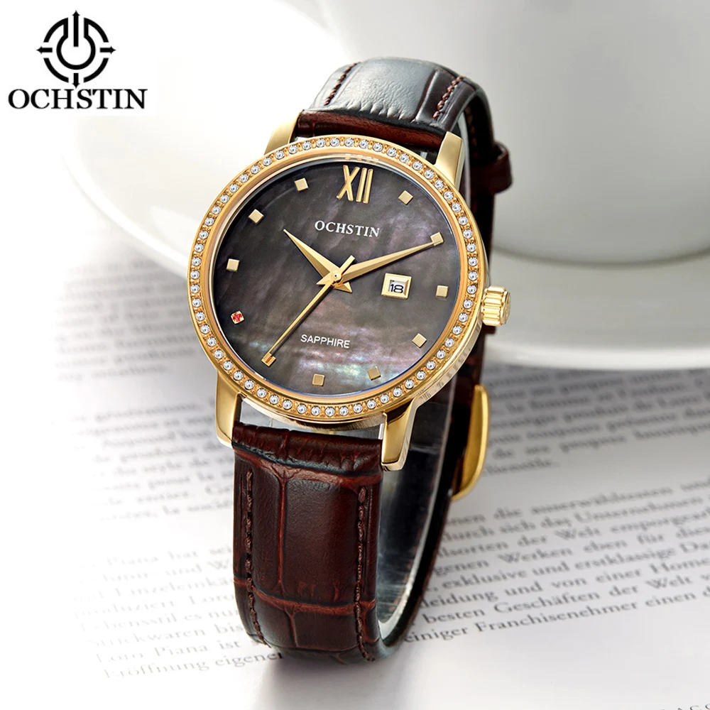 

OCHSTIN Luxury Casual Quartz Women Watch Genuine Leather Watches Rhinestone Ladies Wristwatch With Calendar + Box