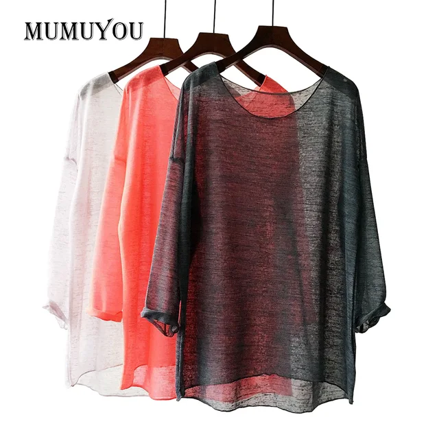 Best Price Women Transparent Blouse Shirt Polyester Loose Knitted Ladies Tops Long Sleeve Blouses Asymmetric Semi See Through 906-549