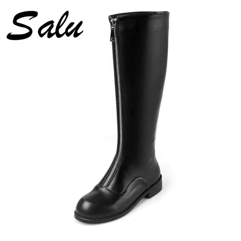 

Salu 2018 new autumn winter genuine leather flat knee high boots buckle zipper fashion black platform square high heel boots