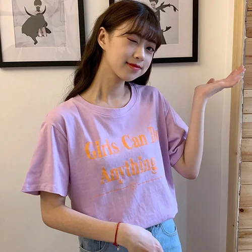 

Simple Letter Printed Casual Loose All Match Fashion Basic Hit Caual 2019 Summer New Arrival Female Women Top T-shirts