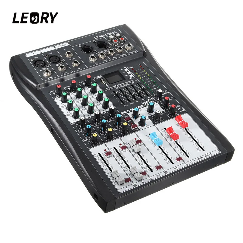 LEORY Profissional bluetooth 4 канала микшерный пульт DJ с USB светодиодный Экран металлический