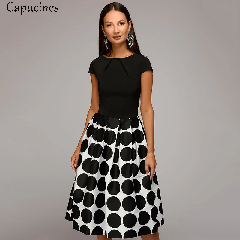 

Capucines Women Summer Point Printing Patchwork Dress Short Sleeves Round Neck Pleated Casual Dress Vintage A-line Party Dresses