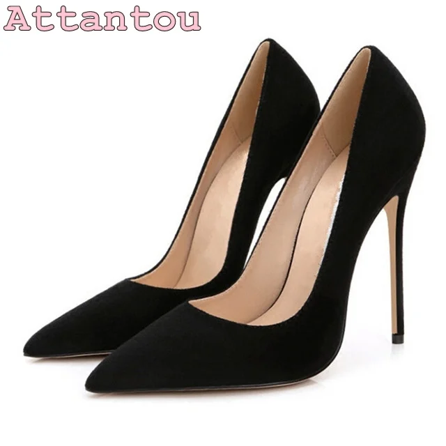black suede leather woman shoes pointed toe 10cm 12cm high heel ladies