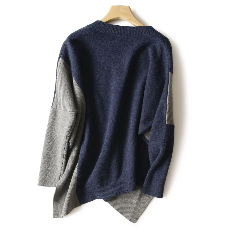 Cashmere Sweater Women 2018 New Autumn Winter Pure Cashmere Wool Fluffy V Neck Contrast Color Aysmmetrical Length Pullover Pulls