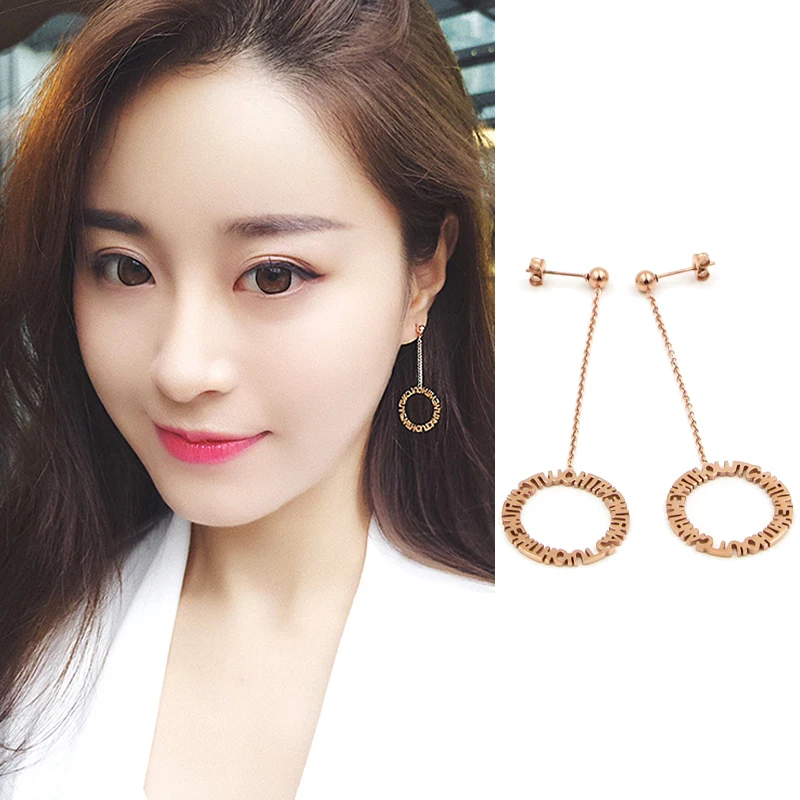 

2018 trendy long earrings drop letter stainless steel Jewelry Female fashion Jewelry earring Dangle Drop Earring For Women