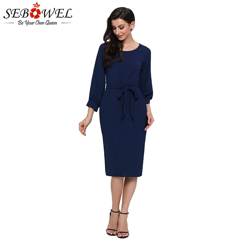 Blue-Puff-Sleeve-Belt-Chiffon-Pencil-Dress-LC61691-5-7 