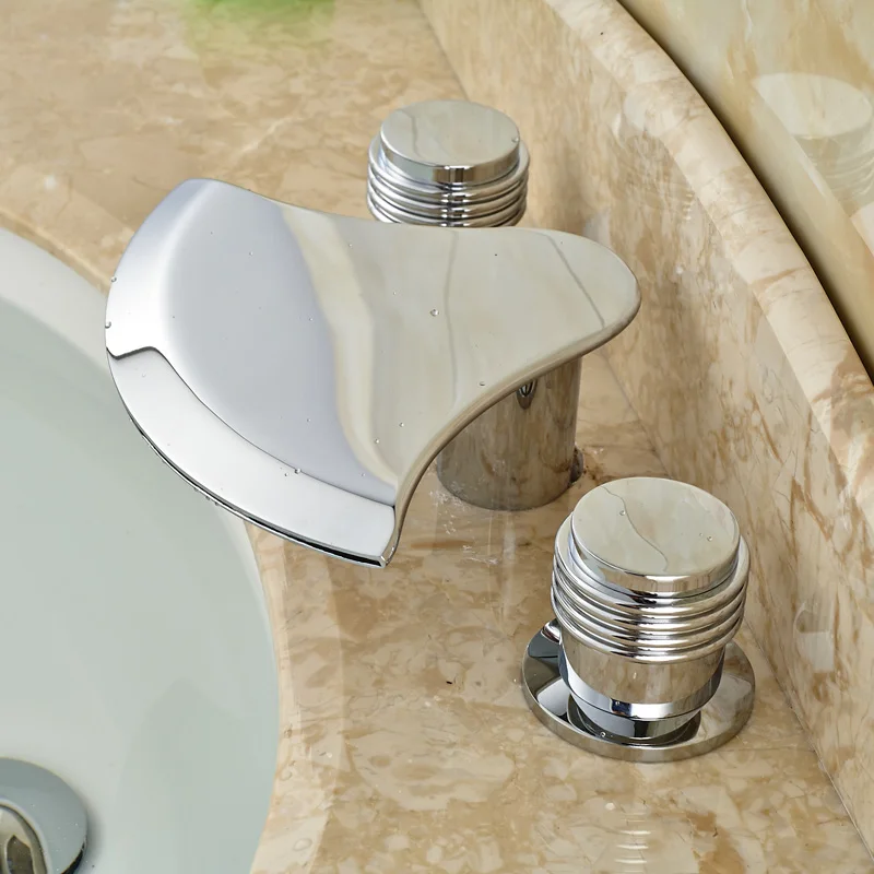 

Modern Creative Waterfall Spout Deck Mounted Basin Sink Faucet Bathroom Mixer Taps Widespread Dual Handle