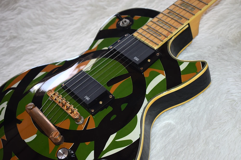 Factory Custom Electric Guitar with Camo Pattern,Gold Hardware,Block White Pearl Frets Inlay,High Quality,Can be Customized