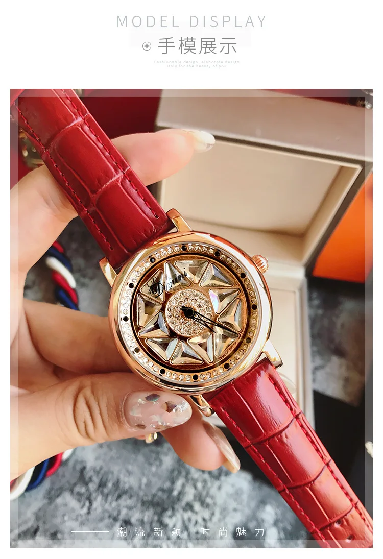 Новые женские часы, женские часы с вращением, ремешок из натуральной кожи, большой циферблат, браслет, наручные часы с кристаллами, Часы montre femme
