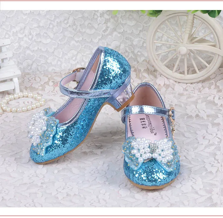 Серебристые туфли на высоком каблуке для детей Новые Девушки Принцесса обувь От 3 до 12 лет дети жемчуг лук галстук блесток Обувь для танцев розовый синий золото