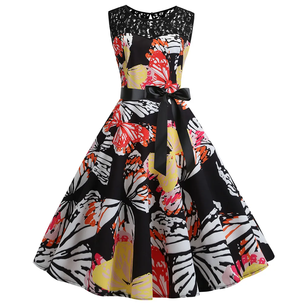 

Women Dresses Summer Vintage 1950s Retro Sleeveless Lace Splice Printing Casual Evening Party Prom Swing O-Neck Belt Dress