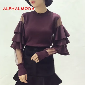 

[ALPHALMODA] Autumn Winter Women's Ruffled Gauze Patched Sleeve Pullover Cute Sweaters Ladies Designer Fashion Jumper