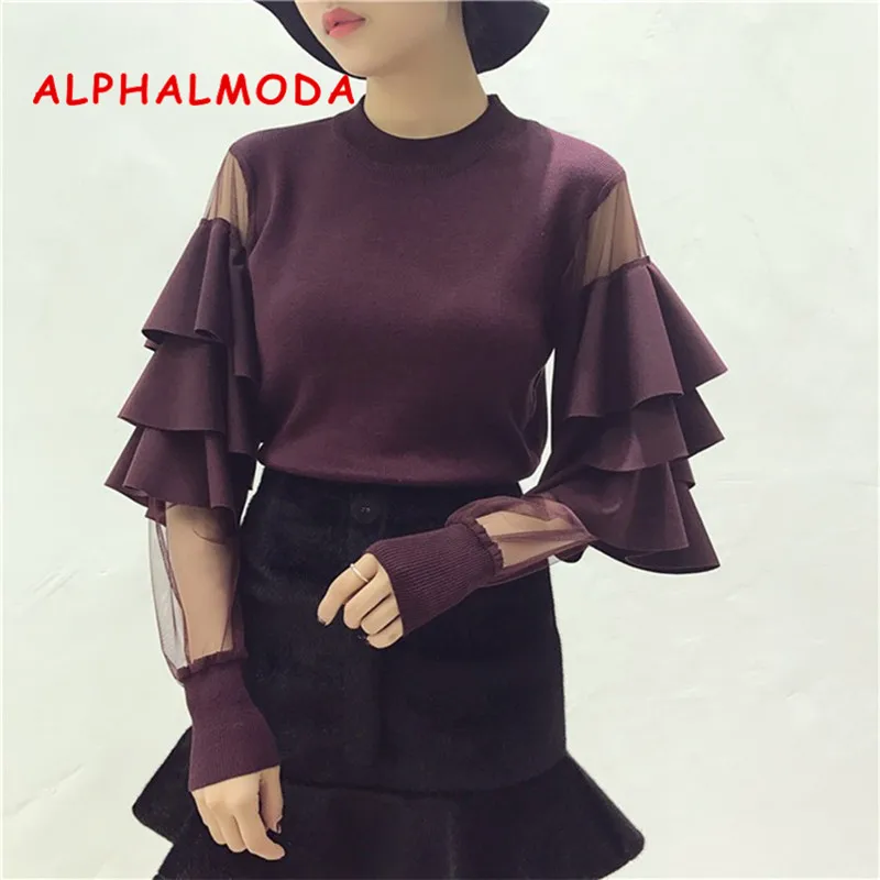 

[ALPHALMODA] Autumn Winter Women's Ruffled Gauze Patched Sleeve Pullover Cute Sweaters Ladies Designer Fashion Jumper
