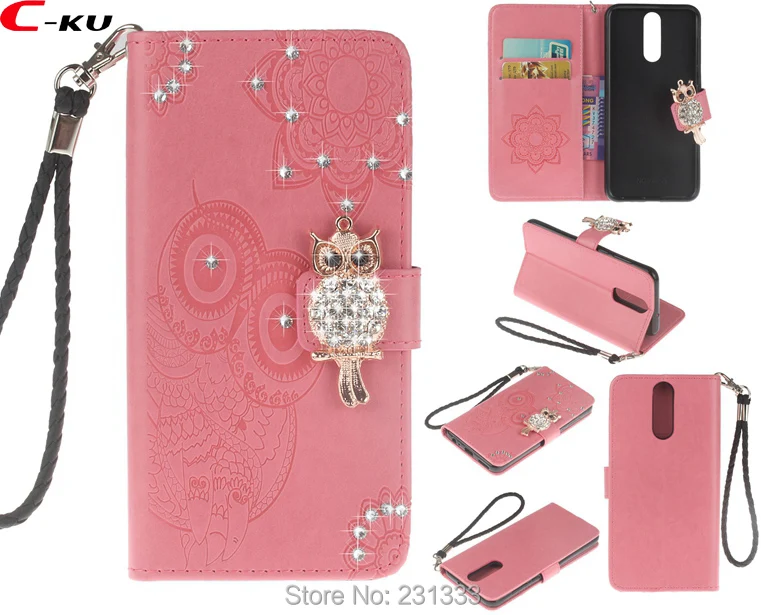 

C-ku For Huawei P Smart Honor 9 Lite C6 PRO Mate 10 Lite P20 Diamond Bling OWL Strap Wallet Leather Pouch Case Stand Skin 100PCS