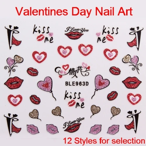 

24pcs Glitter Heart Lip Nail Art 3D Stickers Valentines Day 12 Styles