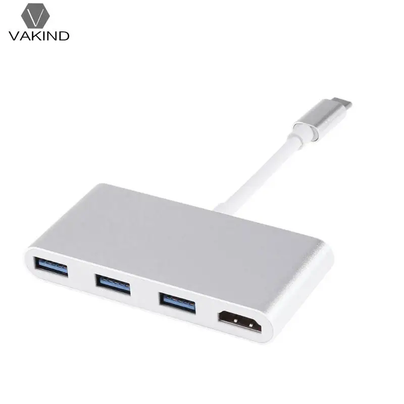

4 in 1 Aluminum Alloy Case USB-C USB Hub USB 3.1 Type-C to HDMI + 3 USB3.0 Ports Extender Splitter Adapter for Macbook Laptop PC