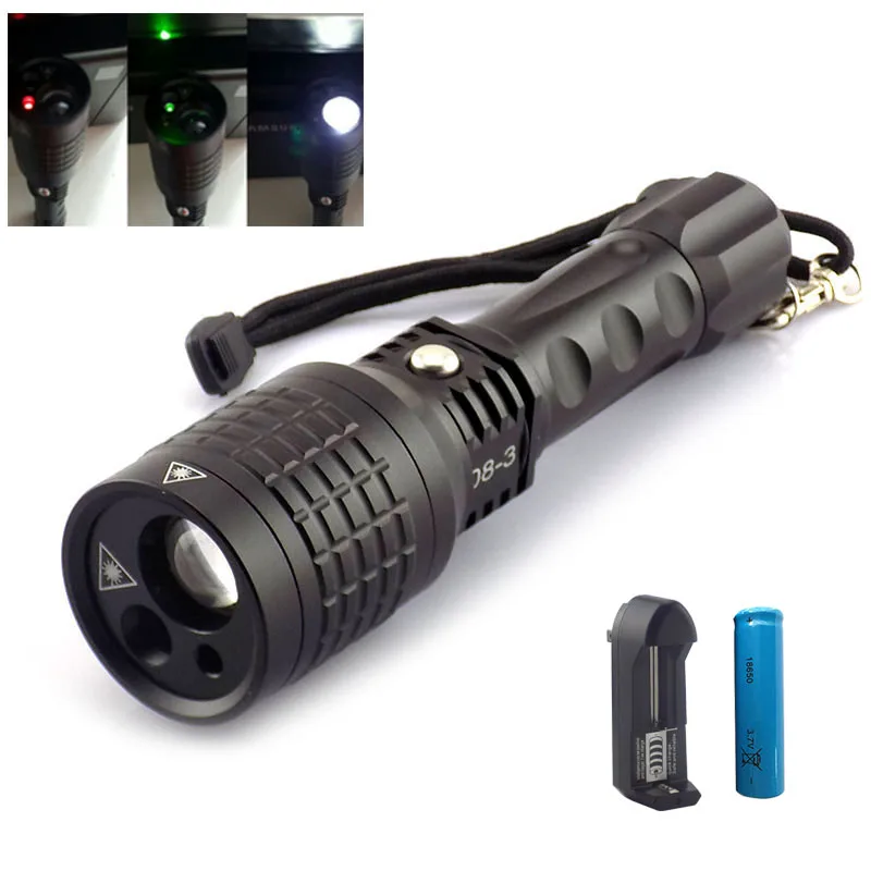 

Flashlight Red Green Laser Pointer Flashlights Hunting Light Adjustable Flash light lazer + 18650 Rechargeable Battery + Charger
