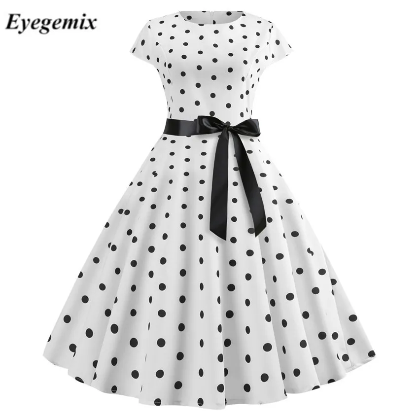 

Black White Polka Dot Vintage Dress 50S 60S Summer Women Floral Print Short Sleeve Retro Robe Rockabilly Dresses Party Jurkjes