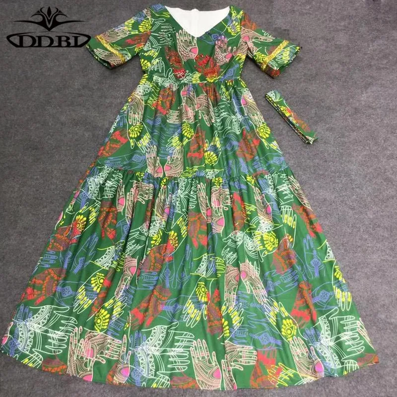 fingers print green dress v neck dresses summer runway dress high quality 2018 20180608