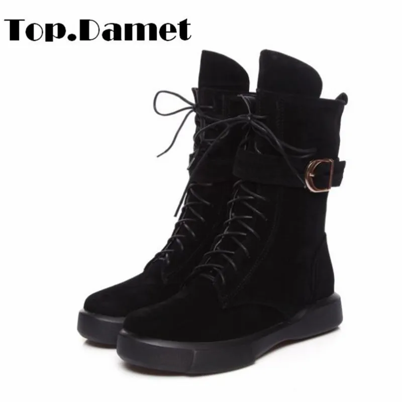Top. Damet/короткие сапоги женские до середины икры из флока на плоской подошве со