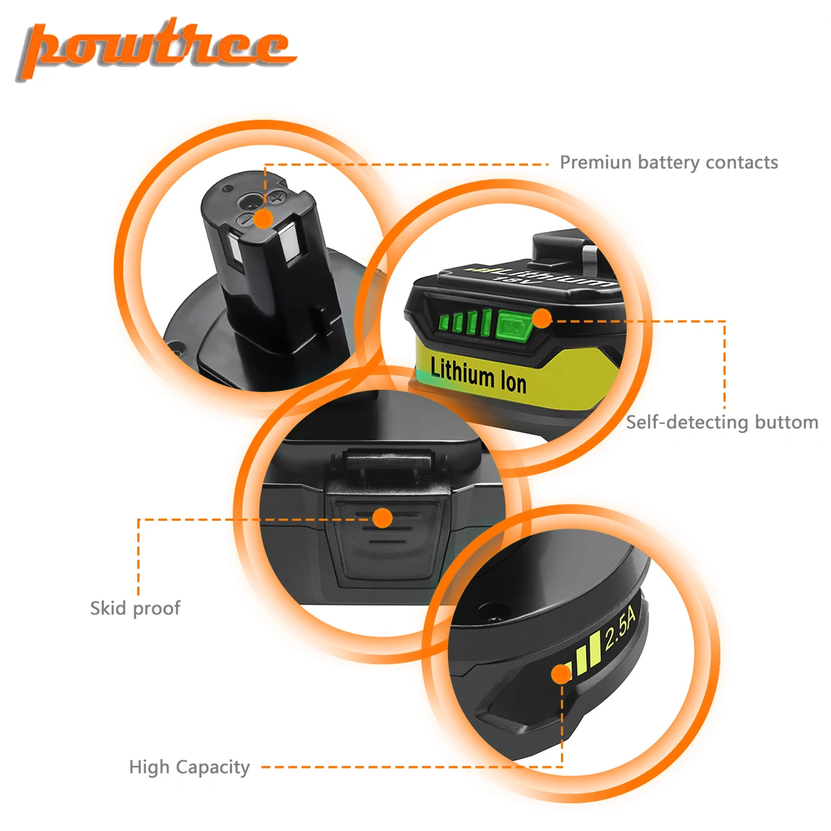 Powtree 18V 2500mAh P107 Battery Replacement for Ryobi P104 P105 P102 P103 P107 Cordless Li-ion Battery L30