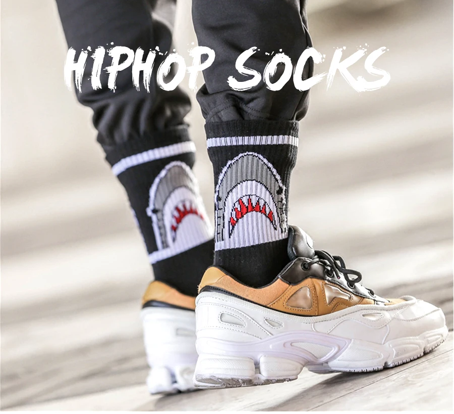 Модные носки в стиле хип-хоп с акулой для мужчин и женщин, Длинные носки с героями мультфильмов в стиле хип-хоп, уличные спортивные носки для скейтборда, черные, белые носки