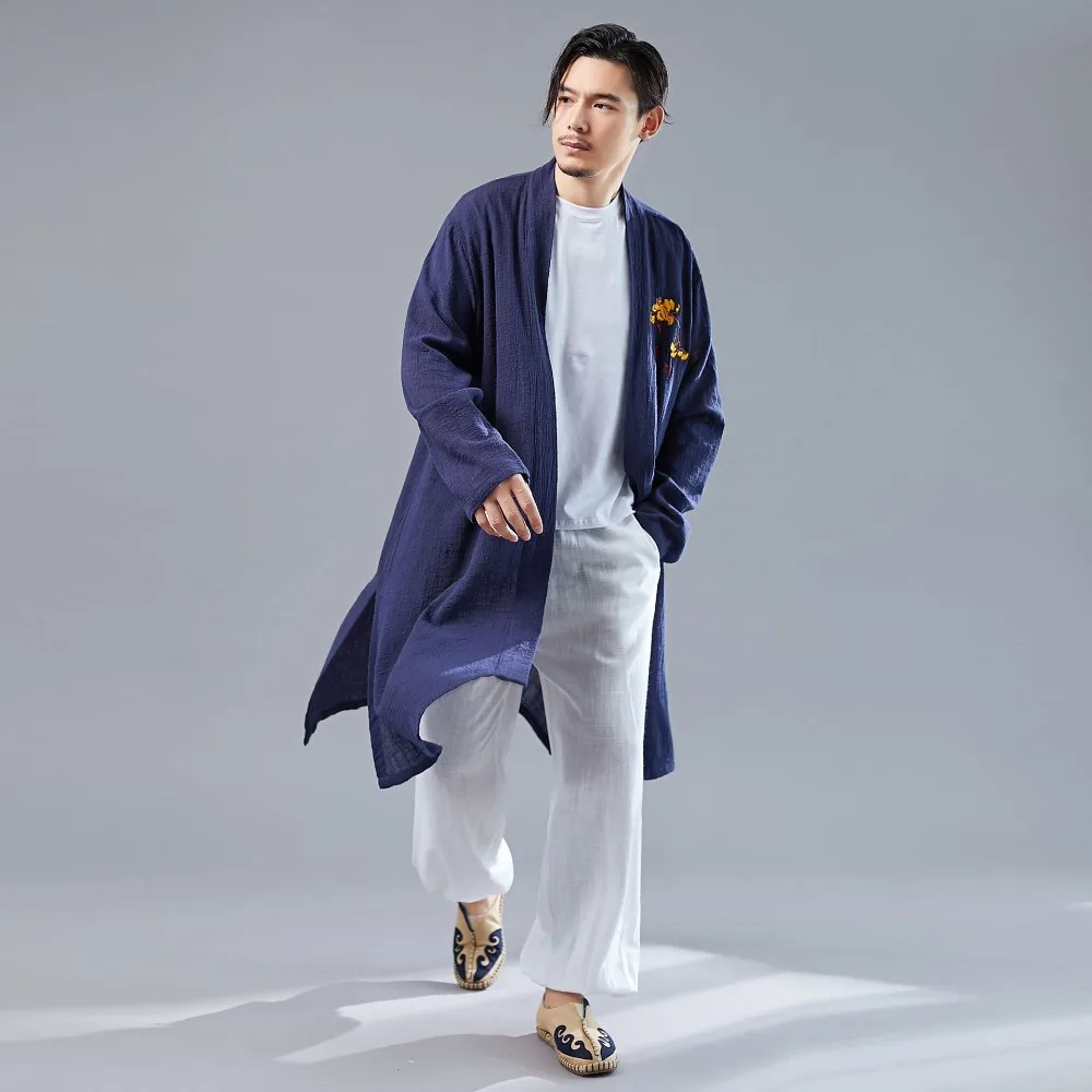 LZJN 2019 Casual Long Sleeve Shirt Summer Men's Vintage Embroidery Kimono Cardigan Cotton Linen Cloak Poncho Open Front Coat (15)