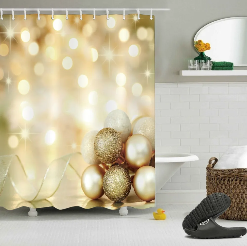 

Gold Merry Christmas Shower Curtains Light Glitter Ball Ribbon Luxury Bathroom Curtain Fabric Polyester for Bathtub Decor