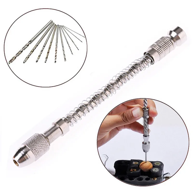 Semi Automatic Hand Drill + 10pcs Mini Micro Twist Drill Bits Wood Model Manual Hand Tool