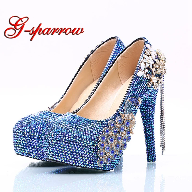 Fashion Royal Blue Rhinestone Wedding Shoes Phoenix Blue AB Crystal