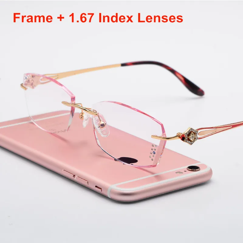 Red 167 Lenses Женские дизайнерские очки без оправы для чтения при миопии используют MR-8 очки со стразами с тонированными красочными линзами 1002 - Цвет оправы: Red 167 Lenses
