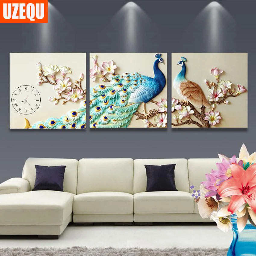 

UzeQu,Triptych,Full,Diamond Embroidery,Bird,Peacock,Wall Clock,5D,Diamond Painting,Cross Stitch,Watch,Painting Rhinestones,Arts