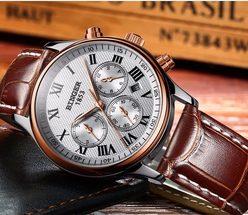 Watches Men Luxury Brand BINGER Automatic Mechanical Watch Waterproof Calendar Leather Wristwatch relogio masculino