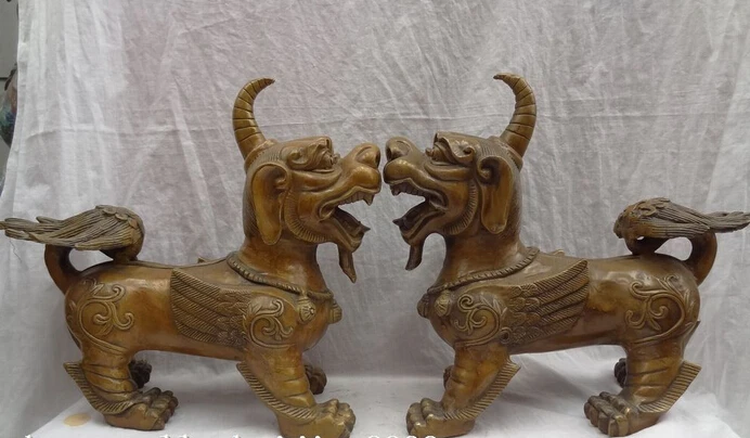 

005041 14" Chinese Bronze Temple Wealth FengShui Protect PiXiu Lion Unicorn Statue Pair