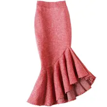 Красная Клетчатая Шерстяная Юбка на осень и зиму, юбка в стиле «рыбий хвост», Женская юбка с высокой талией, юбка-труба русалки размера плюс 4XL