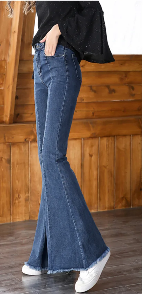 Весна Осень синие джинсовые женские джинсы клёш Повседневные высокие брюки Femme модные джинсовые брюки с карманами на молнии