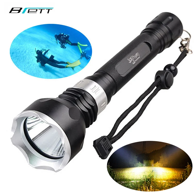 

Diving torch XM-L2 white or T6 yellow light 18650 battery Rotate 5-speed mode Outdoor must Powerful led flashlight