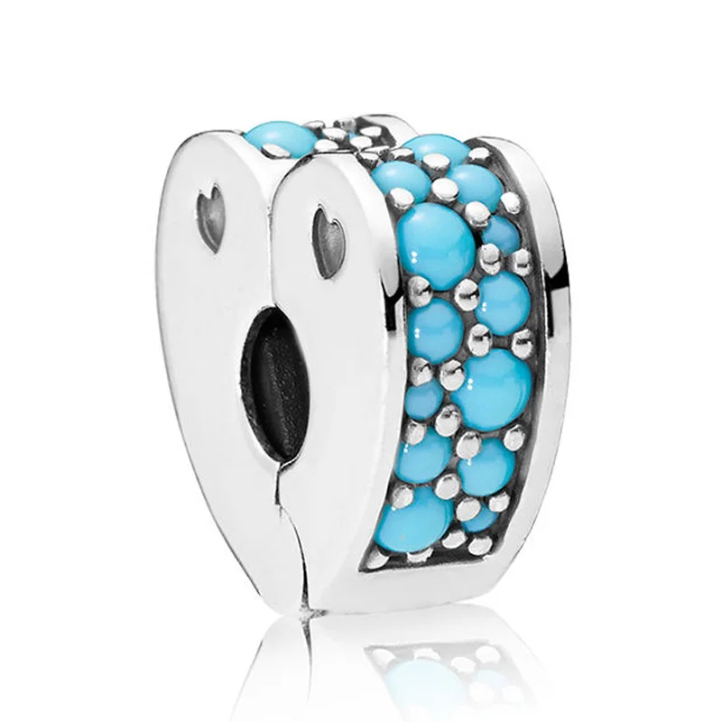 

New 925 Sterling Silver Bead Charm Arcs of Love Heart With Blue Crystal Clip Lock Stopper Beads Fit Pandora Bracelet Diy Jewelry