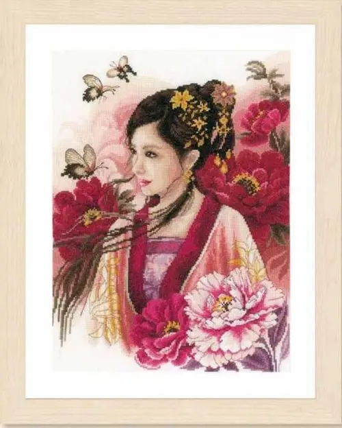 cs-2950 Cross Stitch Kit Asian Lady in Pink Girl Woman Lass and Peony Flower Peonies