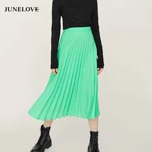 JuneLove Для женщин весна молнии плиссированные юбки Винтаж однотонные женские Высокая Талия Макси юбки Повседневное Ретро Леди Длинные юбки плавки