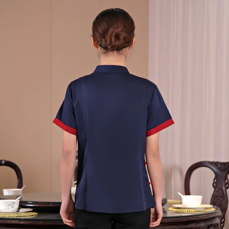  Chinese Style Waiter Uniform Summer Teahouse Featured Hotel Restaurant Overalls Short Sleeve Cafe K - 33026700243