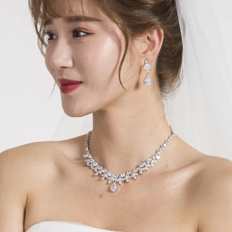 

Water Drop and Marquise Cubic Zirconia Crystal CZ Necklace and Earring Bridal Wedding Jewelry Sets