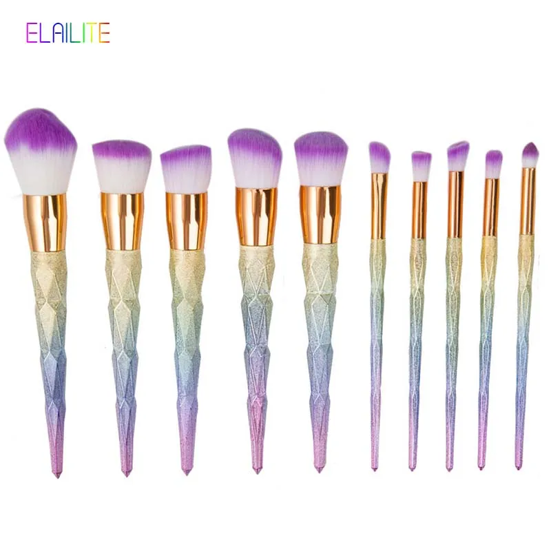 

Elailite 10Pcs Diamond Scrub Makeup Brush Rainbow Unicorn Facial Foundation Powder Eyeshadow Eyeliner Professional Make Up Brush