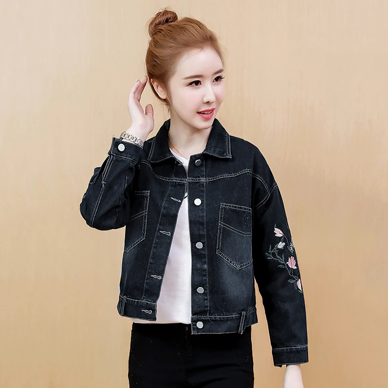 Black Embroidery Jean Jacket Women Plus Size Denim Bomber Jacket Fall ...