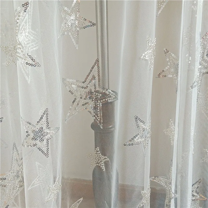 

0.9X1.3 meter/lot width ivory silver star beads mesh dress fabric lace embroidered veil cloth clothing G49G403G181029H